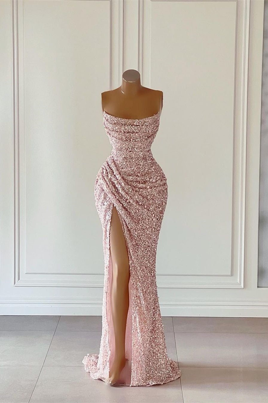 Gorgeous Pink Sequined Sleeveless Prom Dress With Slit-BMbridal.com