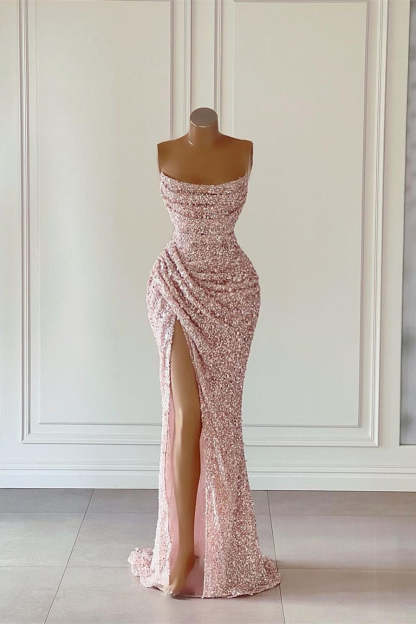 Gorgeous Pink Sequined Sleeveless Prom Dress With Slit-BMbridal.com
