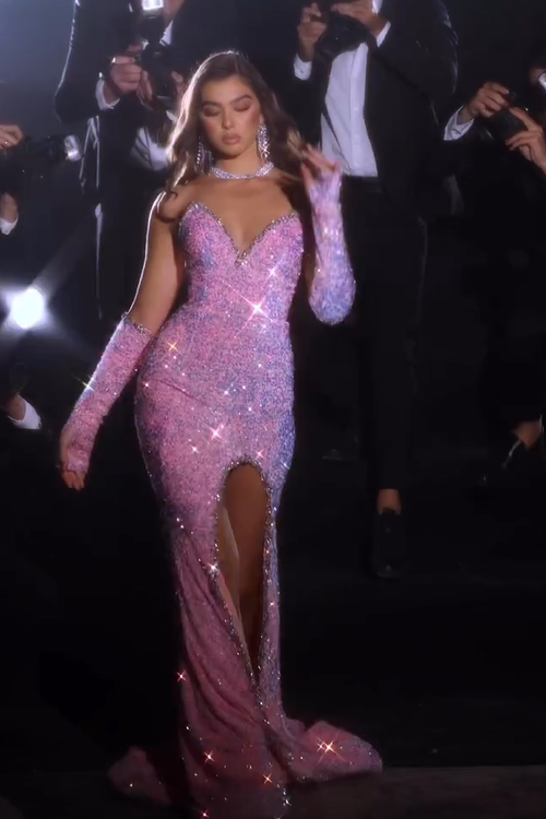 Gorgeous Pink Sleeveless Split Front Mermaid Prom Dress With Glitter-BMbridal.com