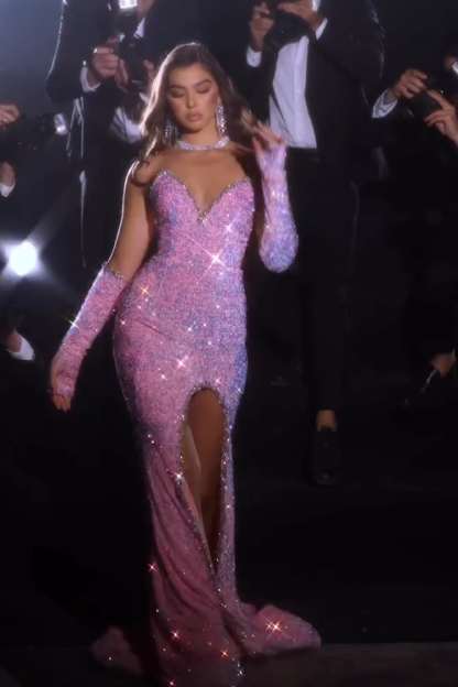 Gorgeous Pink Sleeveless Split Front Mermaid Prom Dress With Glitter-BMbridal.com