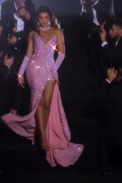 Gorgeous Pink Sleeveless Split Front Mermaid Prom Dress With Glitter-BMbridal.com