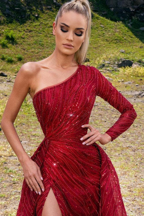 Gorgeous Red Beading One Shoulder Long A-line Prom Dress With Slit-BMbridal.com