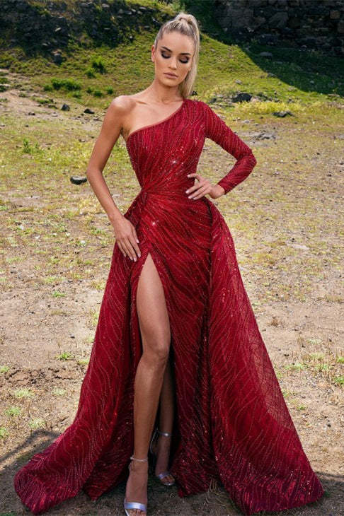 Gorgeous Red Beading One Shoulder Long A-line Prom Dress With Slit-BMbridal.com