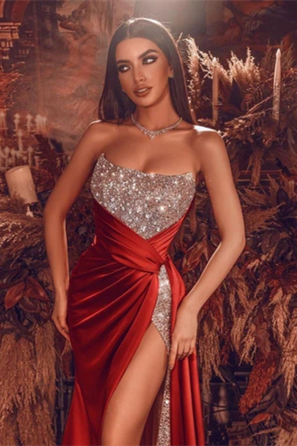 Gorgeous Red Long Evening Dress With Split Long Beads Prom Gown-BMbridal.com