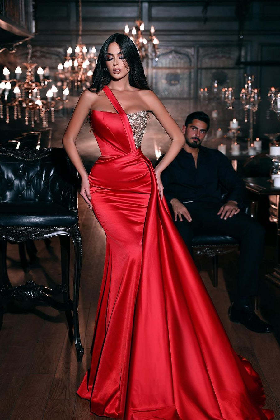 Gorgeous Red One Shoulder Sequined Sleeveless Mermaid Prom Dress-BMbridal.com
