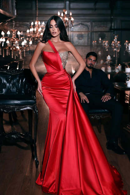 Gorgeous Red One Shoulder Sequined Sleeveless Mermaid Prom Dress-BMbridal.com