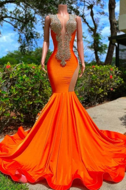 Gorgeous Sequined V-neck Sleeveless Stretch Satin Mermaid Prom Dress with Appliques-BMbridal.com