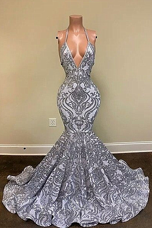 Gorgeous Silver Spaghetti Straps V-neck Appliques Lace Mermaid Prom Dresses-BMbridal.com