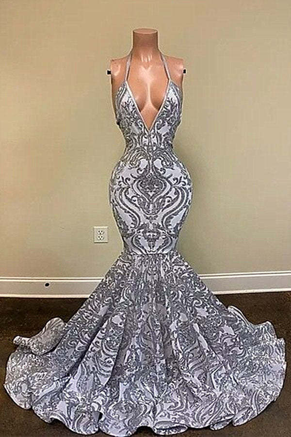 Gorgeous Silver Spaghetti Straps V-neck Appliques Lace Mermaid Prom Dresses-BMbridal.com