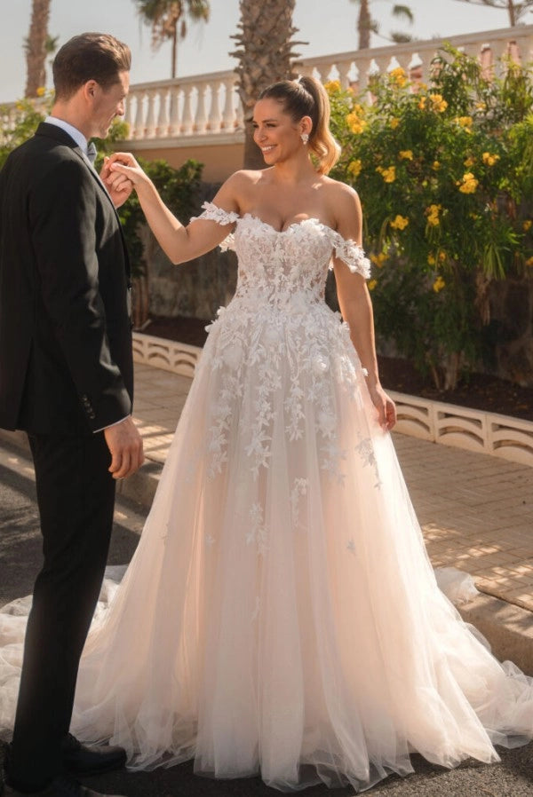 Graceful Ivory Off-The-Shoulder Sleeveless A-Line Wedding Dress with Appliques