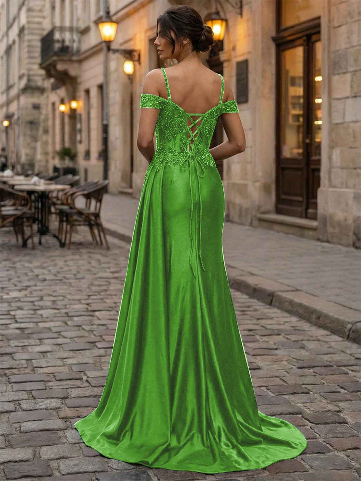 Emerald Green Beaded Corset Satin Long Prom Dress