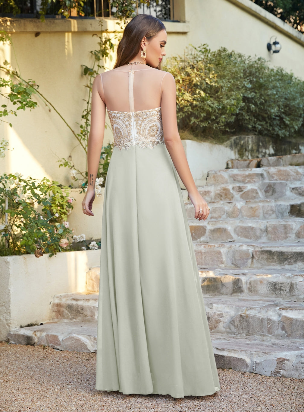 A-line Scoop Chiffon Appliques Floor-Length Dresses Dark Navy-BMbridal