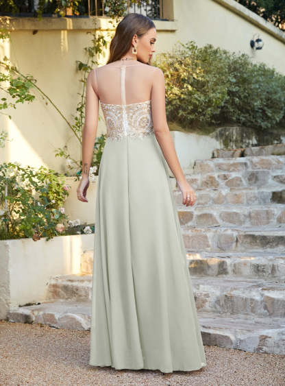 A-line Scoop Chiffon Appliques Floor-Length Dresses Dark Navy-BMbridal