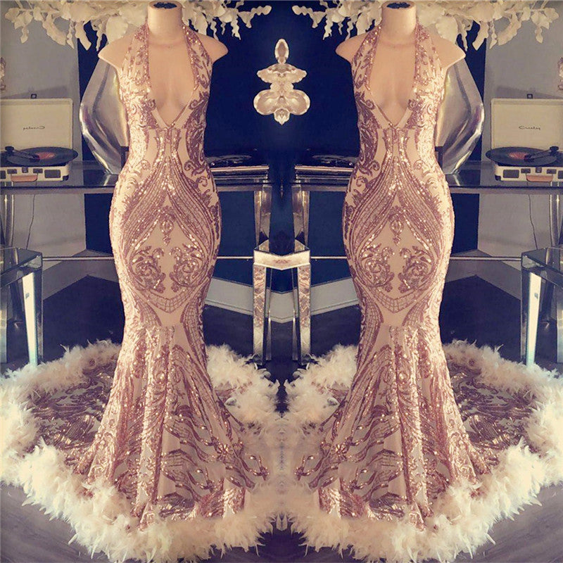 Halter V-neck Sequined Appliques Prom Dress with Feather-BMbridal.com