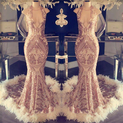 Halter V-neck Sequined Appliques Prom Dress with Feather-BMbridal.com