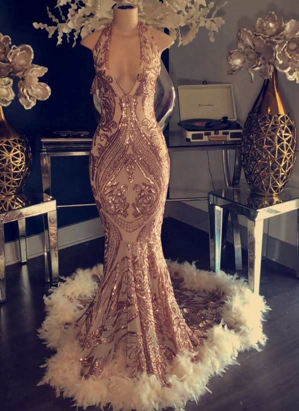 Halter V-neck Sequined Appliques Prom Dress with Feather-BMbridal.com