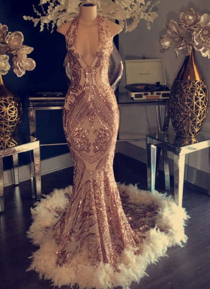 Halter V-neck Sequined Appliques Prom Dress with Feather-BMbridal.com
