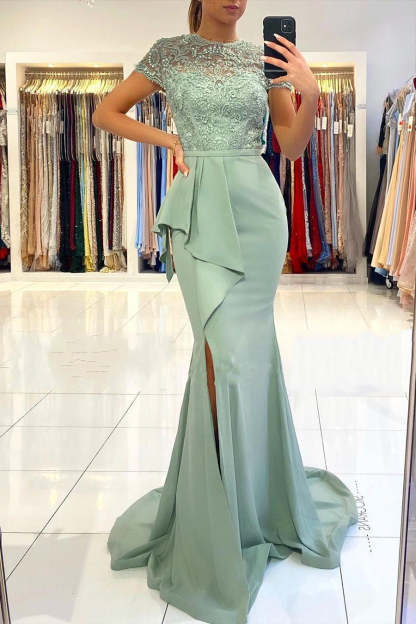 High neck Lace column Long Buttons Split Short sleeves Evening Dress-BMbridal.com