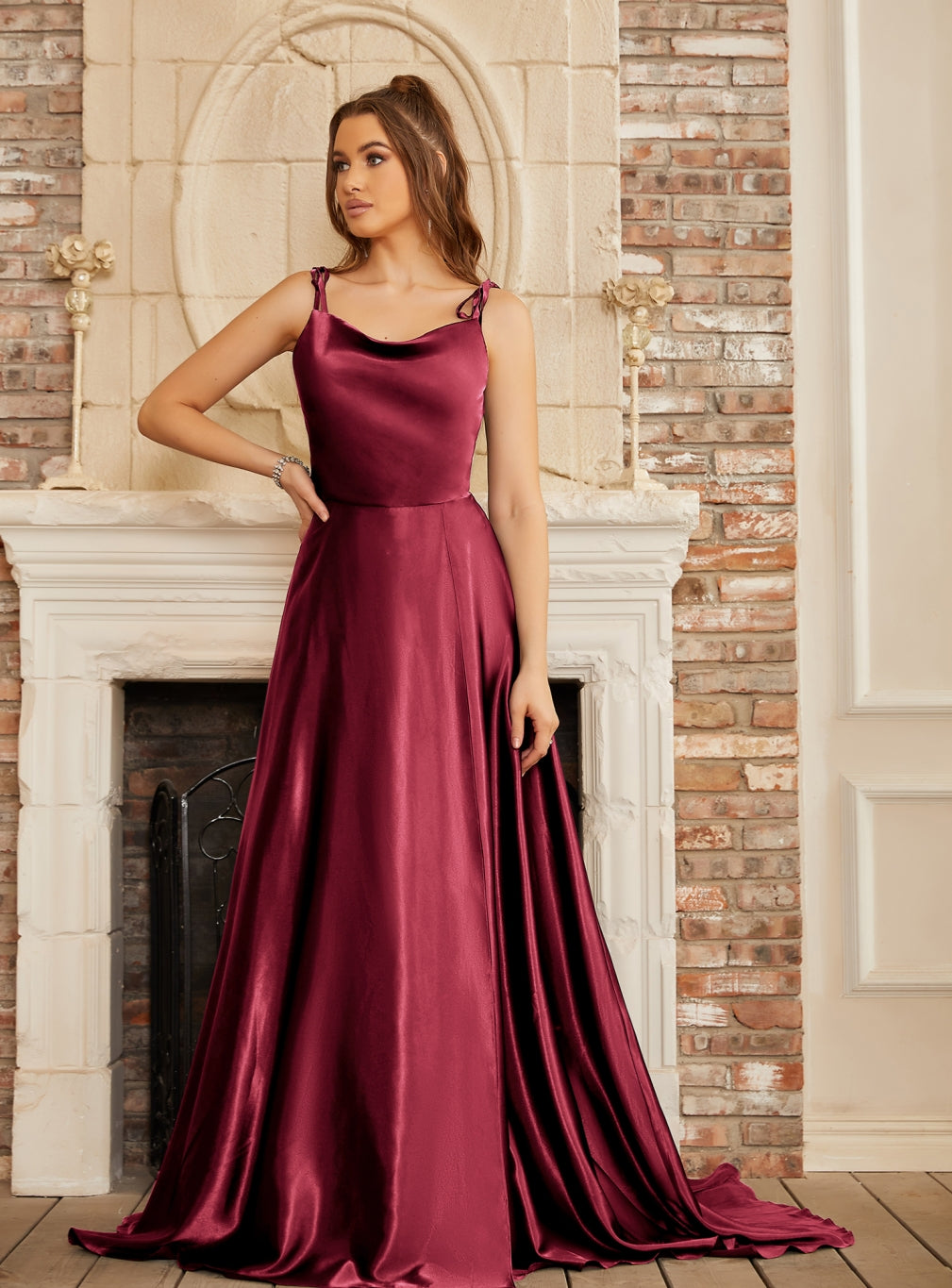 High Split Shiny Floor-Length Dresses with Spaghetti Straps-BMbridal