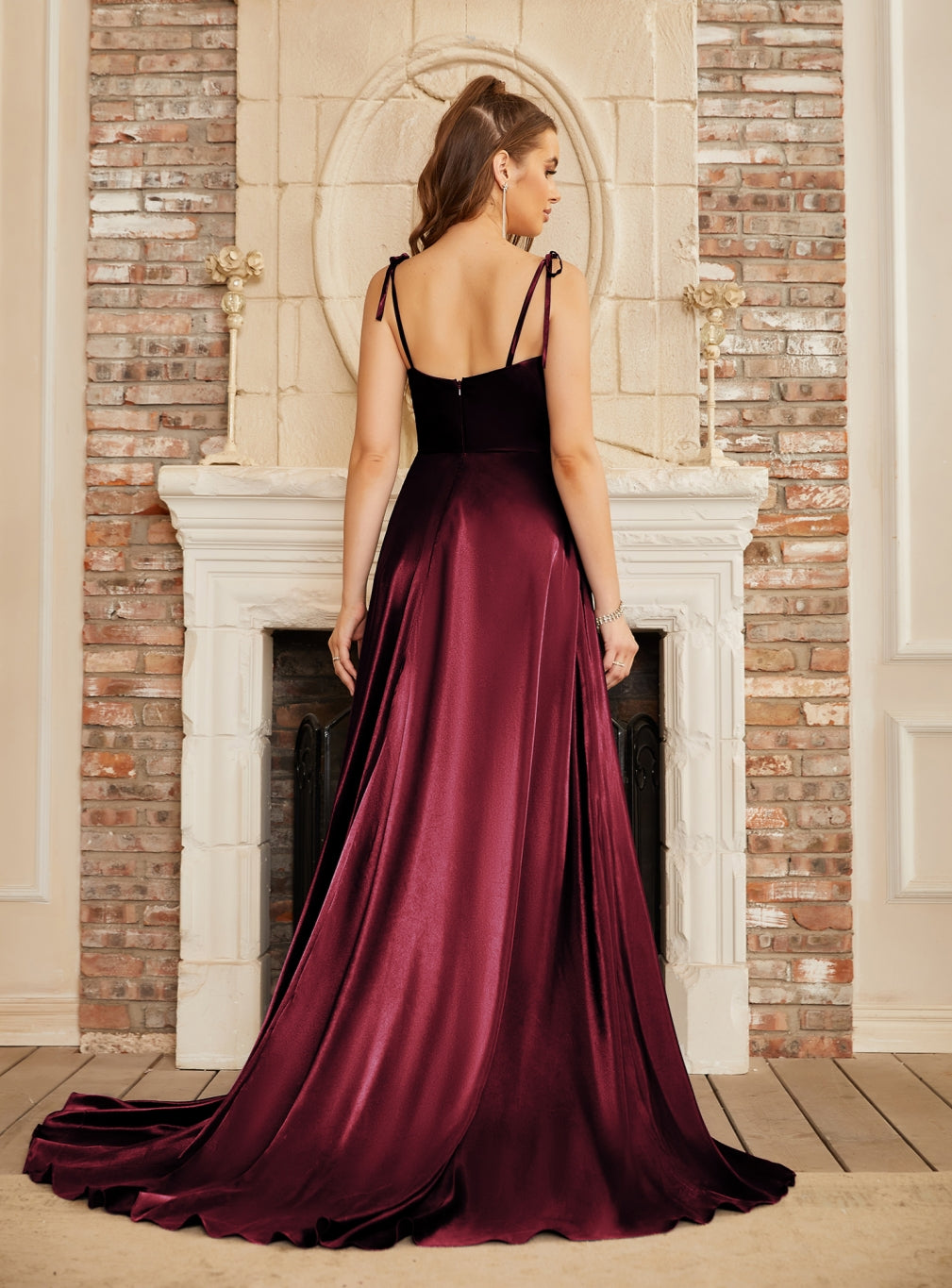 High Split Shiny Floor-Length Dresses with Spaghetti Straps-BMbridal