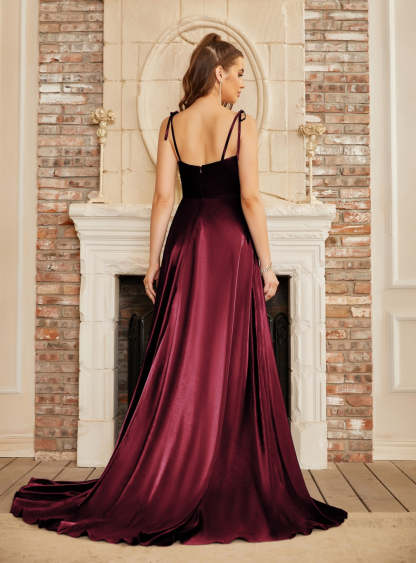 High Split Shiny Floor-Length Dresses with Spaghetti Straps-BMbridal
