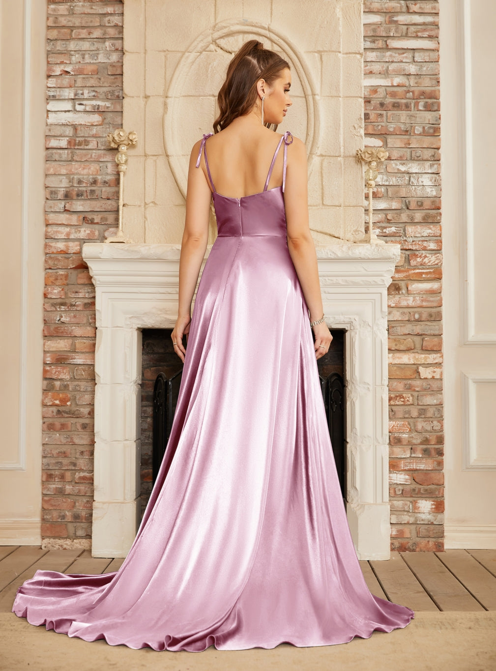 High Split Shiny Floor-Length Dresses with Spaghetti Straps-BMbridal