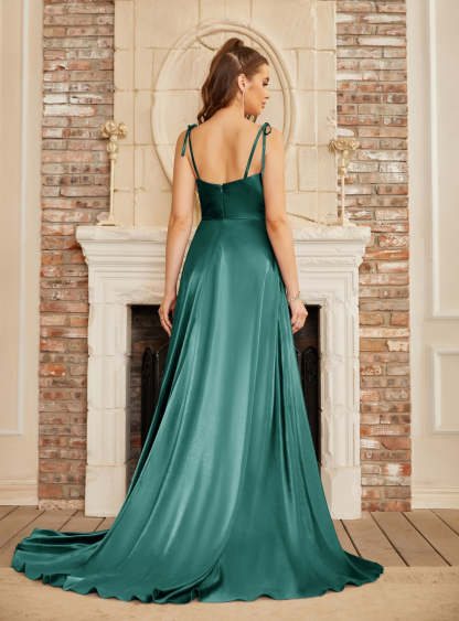 High Split Shiny Floor-Length Dresses with Spaghetti Straps-BMbridal