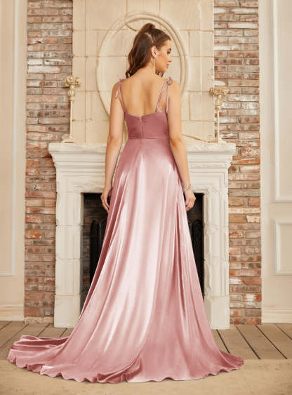 High Split Shiny Floor-Length Dresses with Spaghetti Straps-BMbridal