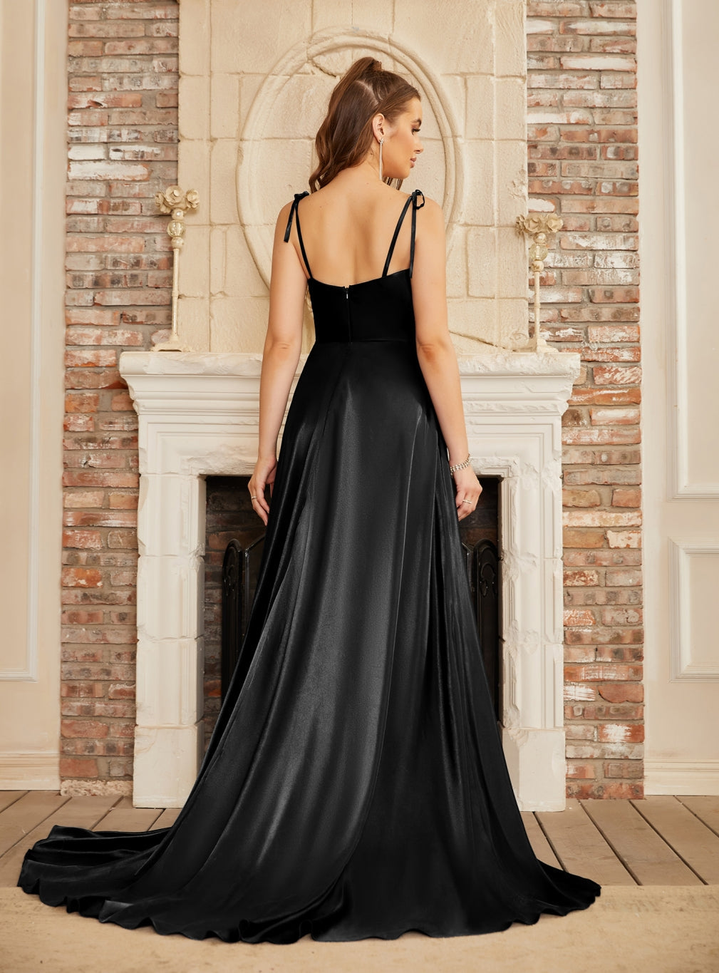 High Split Shiny Floor-Length Dresses with Spaghetti Straps-BMbridal