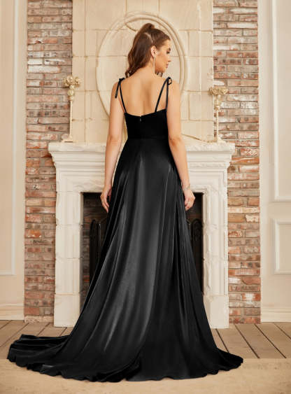 High Split Shiny Floor-Length Dresses with Spaghetti Straps-BMbridal