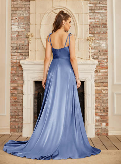 High Split Shiny Floor-Length Dresses with Spaghetti Straps-BMbridal