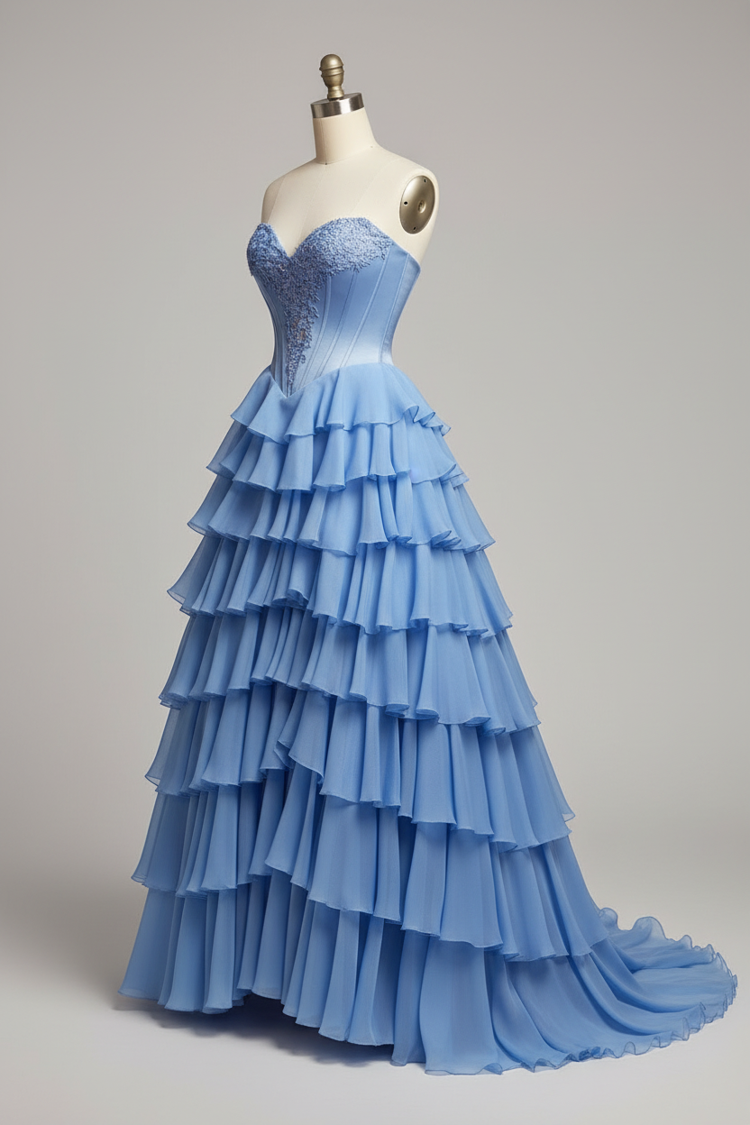 Sky blue lace crystal beaded corset asymmetric tiered ruffle gown - side view