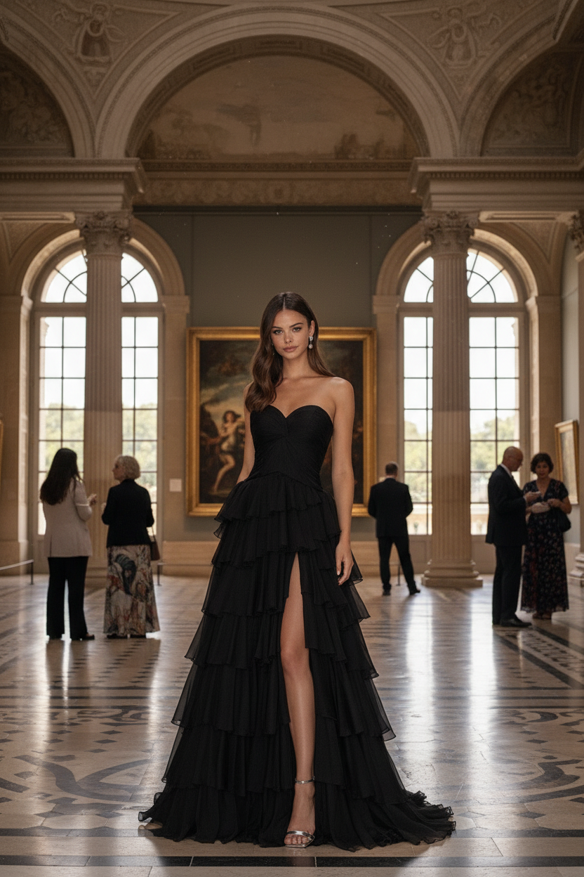 Customer wearing black tiered ruffle evening gown