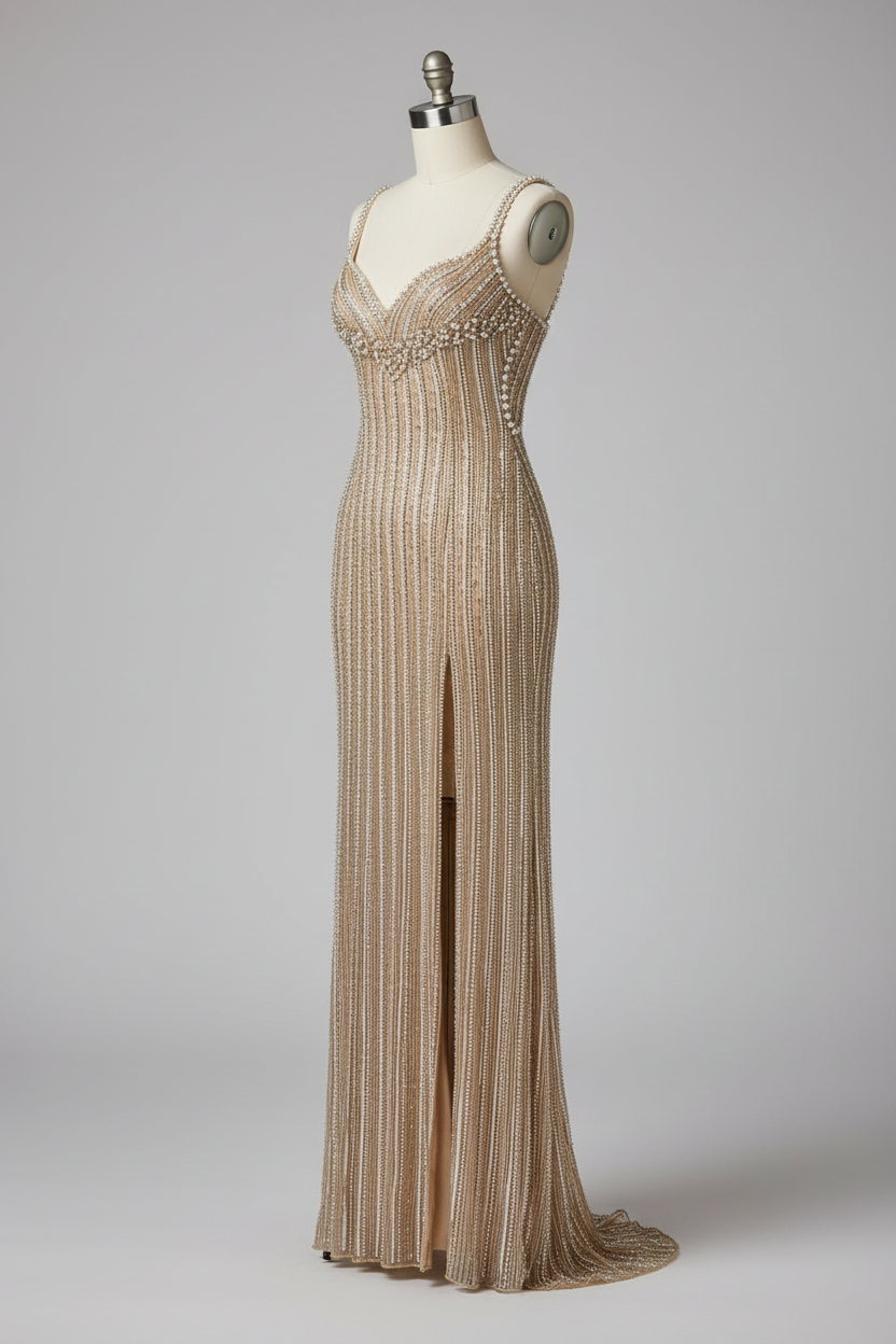 Champagne gold vertical beaded evening gown - side view