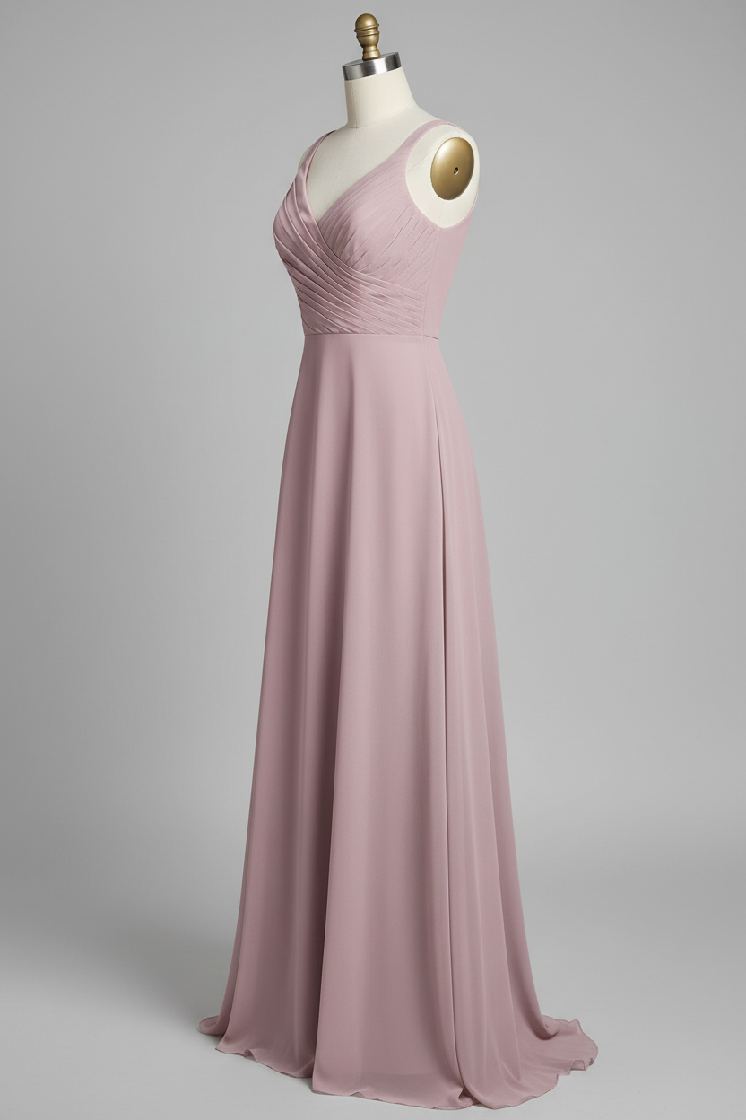 Dusty rose chiffon pleated V-neck A-line bridesmaid dress - side view