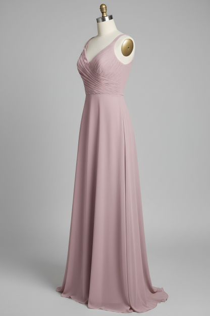 Dusty rose chiffon pleated V-neck A-line bridesmaid dress - side view