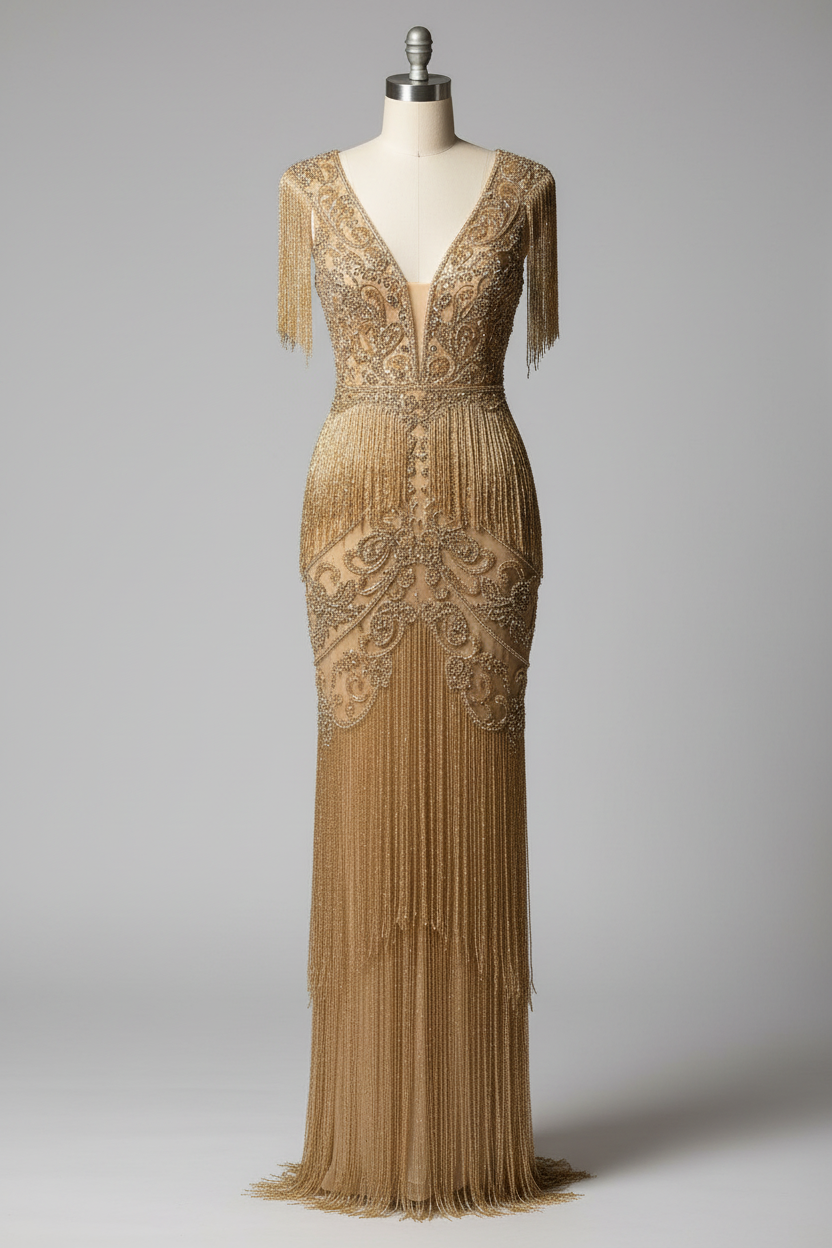 Champagne gold beaded fringe evening gown - front view
