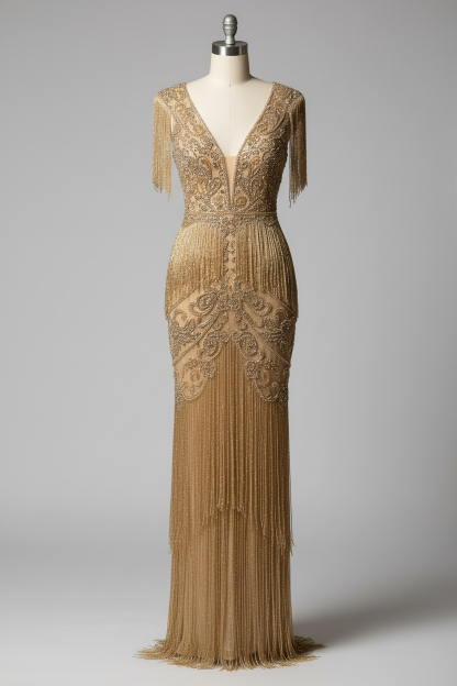 Champagne gold beaded fringe evening gown - front view