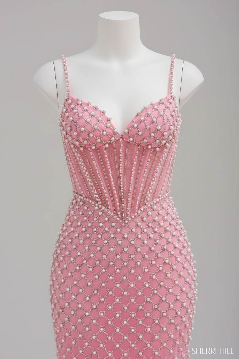 Close-up of sweetheart neckline with sunburst beadwork