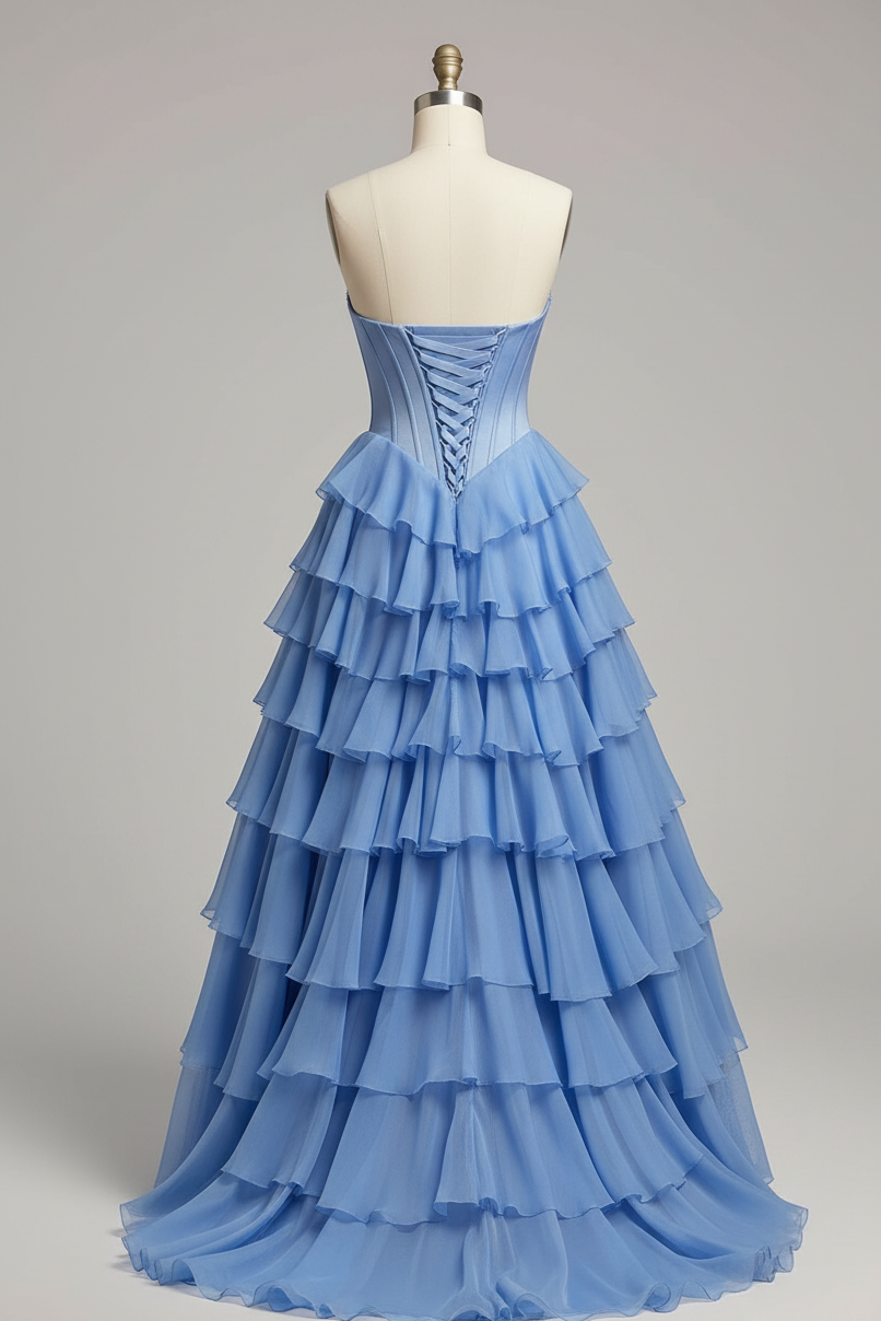 Periwinkle Blue Tiered Ruffle Prom Dress - Strapless Sweetheart Neckline with High Slit