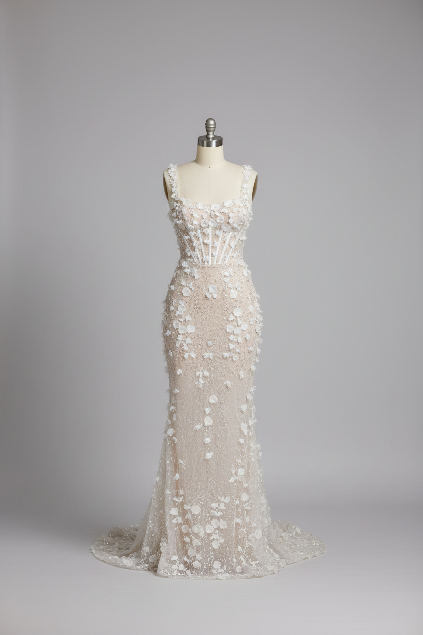 Champagne mermaid wedding dress with 3D floral appliques - front view