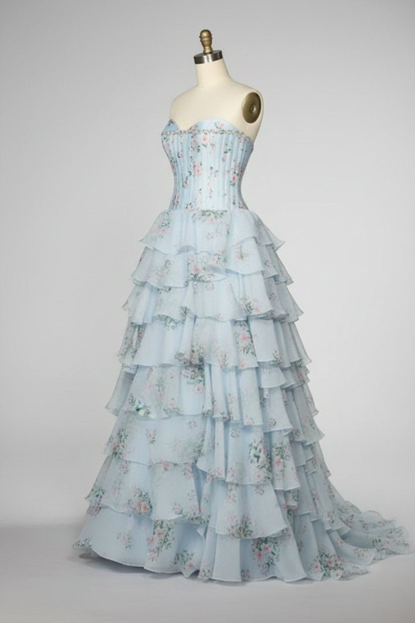 Light blue floral print tiered ball gown - alternate side view