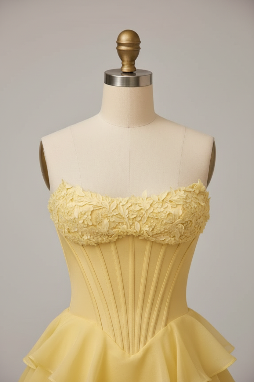 Yellow tiered ruffle ball gown - floral bodice detail