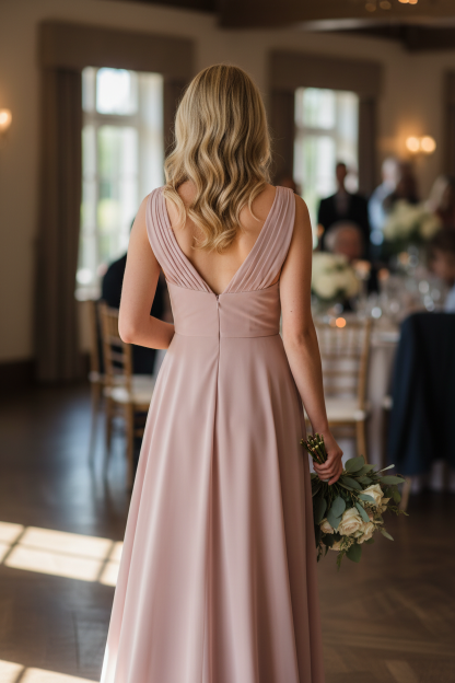Bridesmaid wearing dusty rose chiffon pleated V-neck A-line dress - back