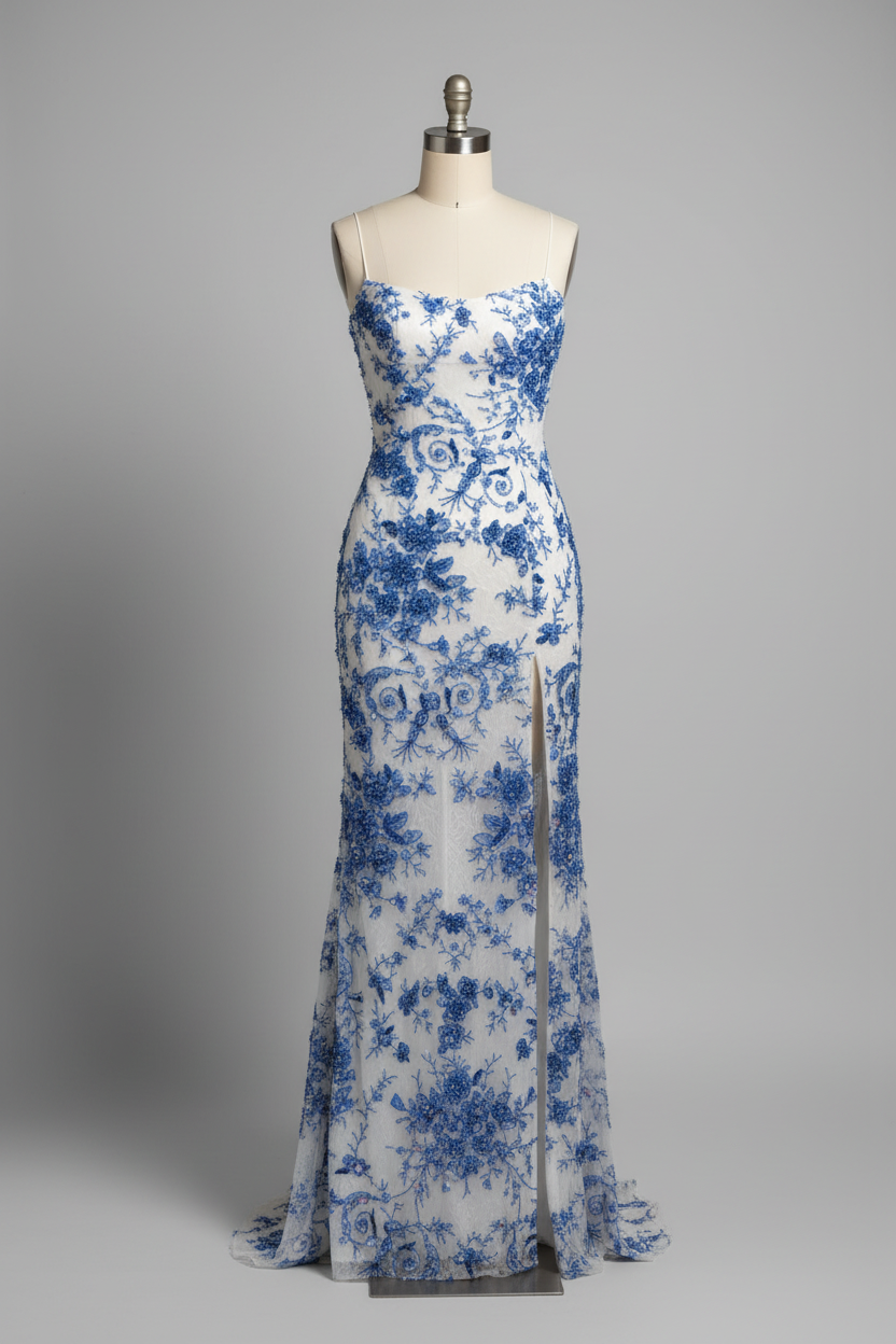 White mermaid prom dress with blue lace - front view