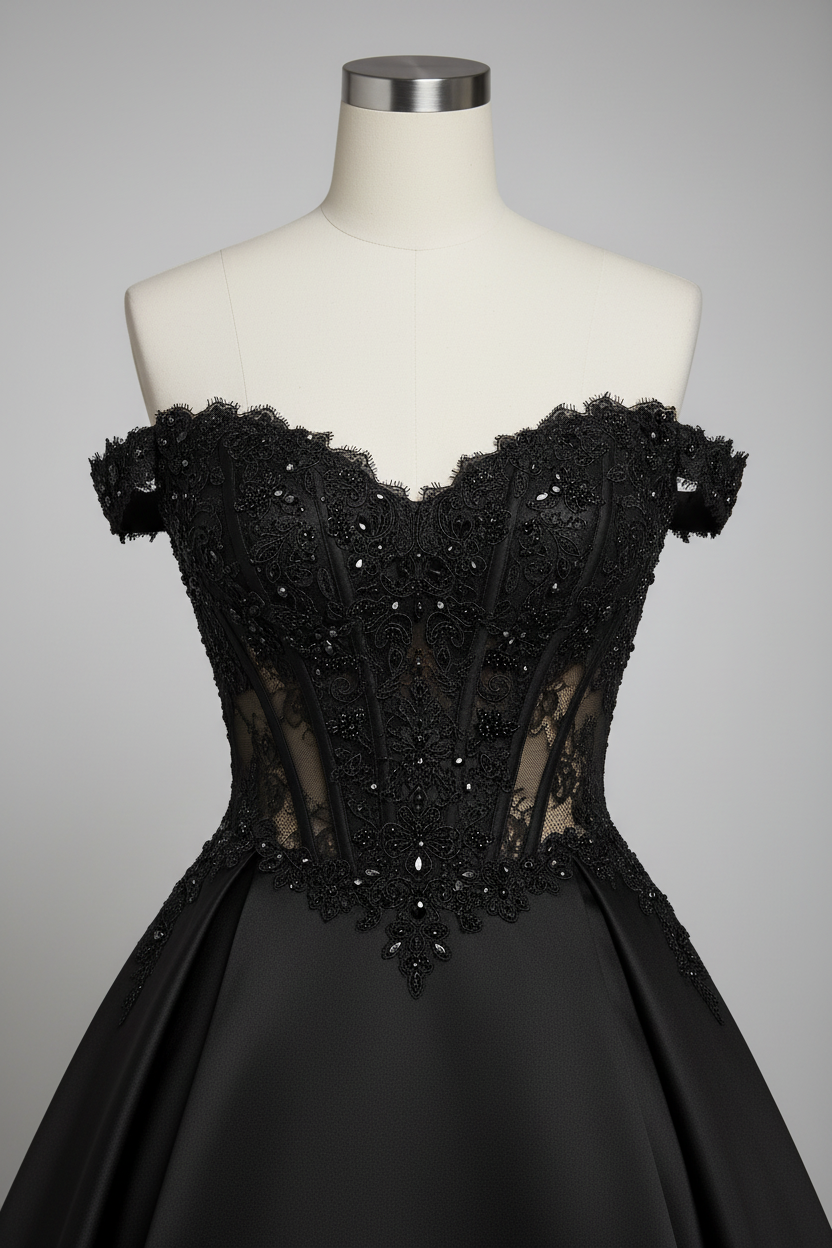Black A-line ball gown with lace bodice - bodice detail