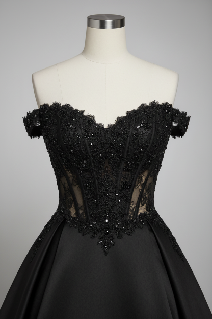 Black A-line ball gown with lace bodice - bodice detail