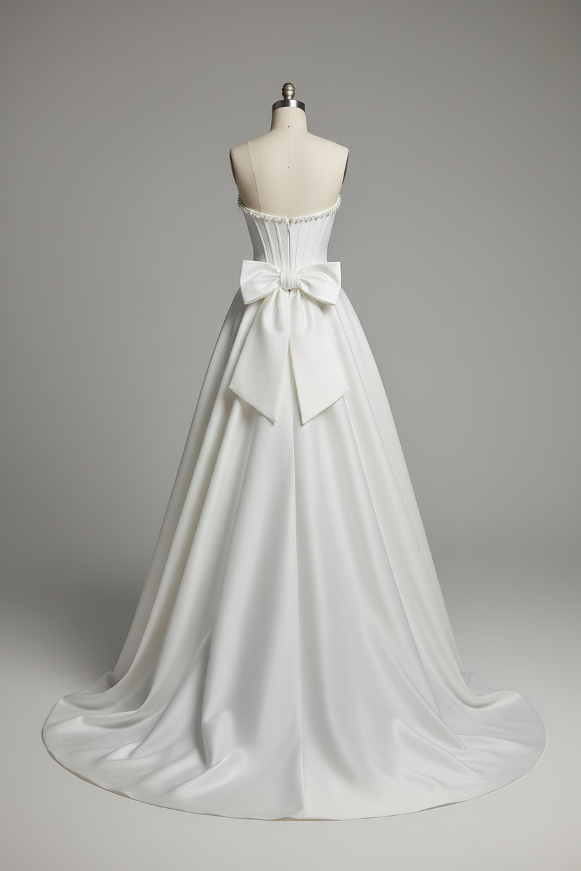 White pearl beaded corset A-line ball gown - back view