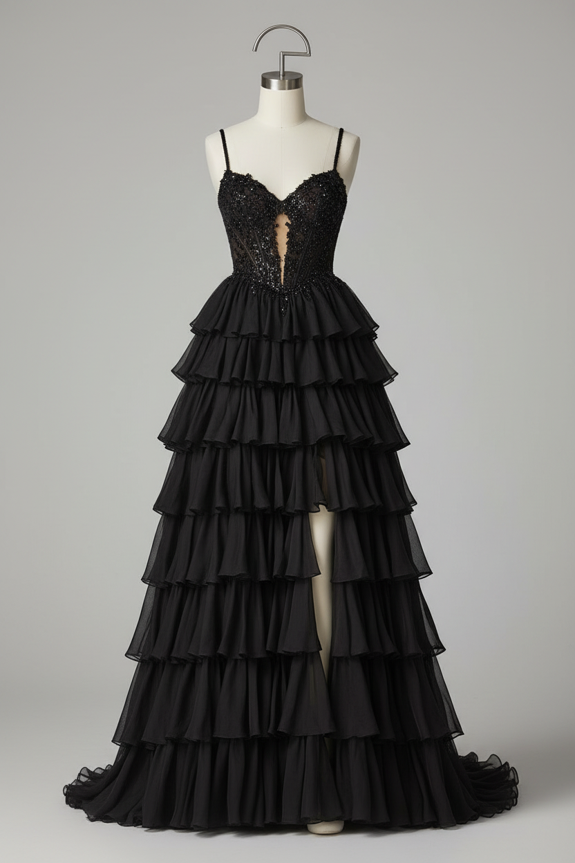 Black embellished lace tiered ruffle evening gown - front view