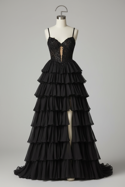 Black embellished lace tiered ruffle evening gown - front view